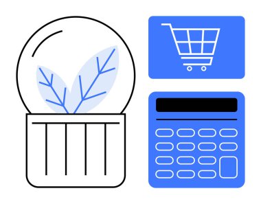 Bir kavanozda bitki, hesap makinesi ve alışveriş arabası ikonu görsel olarak sürdürülebilirlik, bütçe ve e-ticareti temsil ediyor. Yeşil ekonomi, çevreci yaşam, bütçe ve finansman çevresi için ideal