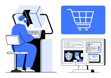 Çalışma istasyonunda ekommerce güvenliğini, alışveriş arabası ikonunu ve veri arayüzünü analiz eden kişi. Çevrimiçi güvenlik, e-ticaret güvenliği, veri koruması, dijital güven, risk değerlendirmesi için ideal