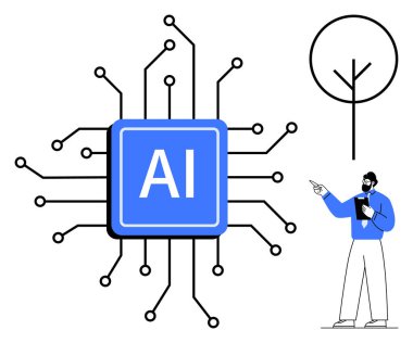 Merkezi yapay zeka işlemci çipi devrelerle bağlantılı, soyut ağaç diyagramını gösteren kişi. Teknoloji, yapay zeka, yenilik, veri bilimi, makine öğrenimi, eğitim, araştırma dairesi için ideal basit