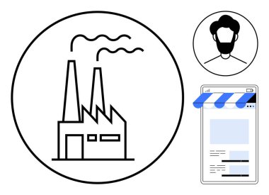 Bacalı fabrika, monitörde mağaza arayüzü, kullanıcı profili çemberi. Sanayi, e-ticaret, dijital kimlik, imalat, sürdürülebilirlik, iş büyümesi için ideal basit metafor