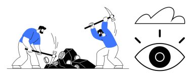 Kaynak çıkarmak için çekiç ve kazmalarla blokları kıran iki kişi. Etrafını saran ışıklarla çevrili büyük göz görme ya da gözetlemeyi sembolize eder. Takım çalışması, emek, hedefler, gözetleme için ideal