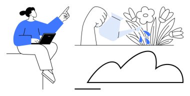 Dizüstü bilgisayarı olan, çiçek sulayan, büyümeyi, fikirleri ve yetiştirilmeyi gösteren bulutları olan biri. Yaratıcılık, takım çalışması, üretkenlik, eğitim, sürdürülebilirlik için ideal kendi kendini büyütme
