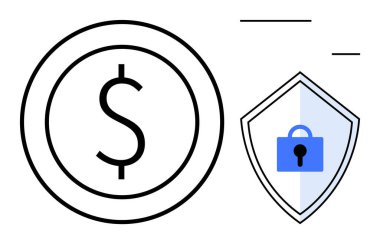 Üzerinde asma kilit olan bir kalkanın yanında bir dolar işareti olan sikke. Finans, güvenlik, yatırım, bankacılık, tasarruf, koruma ve siber güvenlik kavramları için ideal. Basit çizgiler soyut çizgi düz