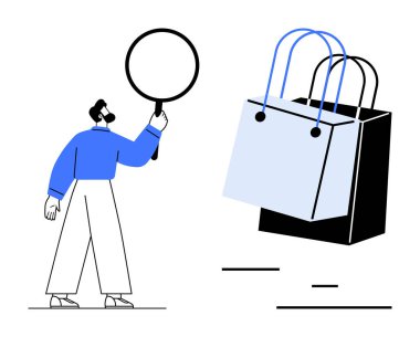 Elinde büyüteç tutan bir adam yüzen alışveriş torbalarını değerlendiriyor. E-ticaret, tüketici davranışı, ürün analizi, alışveriş eğilimleri, piyasa araştırmaları, perakende stratejileri, çevrimiçi alışveriş stratejileri için ideal