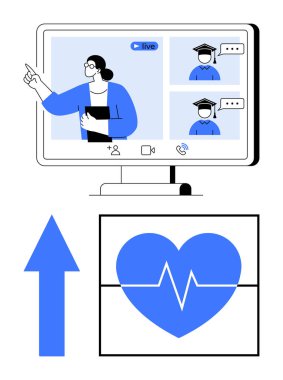 İnternette öğretmenlik yapan bir kadın, video sohbetinde mezuniyet şapkası takan öğrenciler, mavi ok sembolü, kalp monitörü. Eğitim, teknoloji, büyüme, başarı, sağlık sanal öğrenme için ideal