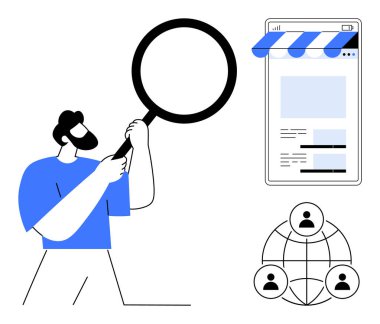 Mobil web sayfasının yanında büyüteç tutan ve insanlarla bağlantısı olan bir adam. Pazarlama, araştırma, SEO, ağ oluşturma, analiz, iletişim, çevrimiçi iş, düz basit metafor