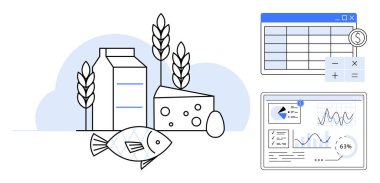 Süt kutusu, peynir dilimi, balık, yumurta, veri tabloları ve mali tablolarla birlikte buğday. Gıda endüstrisi, sağlık izleme, tedarik zinciri, tarım yönetimi analitik diyeti için ideal