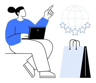 Bilgisayarda çalışan biri dünyayı ve beş yıldızı gösteriyor, online alışveriş mükemmelliği sergiliyor. E-ticaret, müşteri memnuniyeti, kalite güvencesi, yenilik, teknoloji, küresel ölçek için ideal
