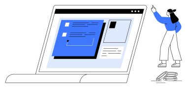 Arayüz elementlerini gösteren bir dizüstü bilgisayarı gösteren kadın formları ve kartları parmakla gösteriyor. Teknoloji, eğitim, iş üretkenliği, yenilik, UX tasarımı, işbirliği, düz basit metafor için ideal