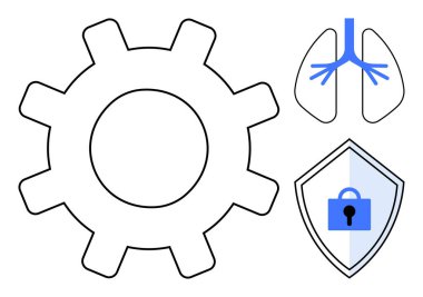 İkona, insan akciğerleri ve kalkanda kilit. Endüstriyel güvenlik, sağlık koruma, siber güvenlik, veri güvenliği, sağlık sistemleri makine mühendisliği solunum sağlığı için idealdir. Basit.