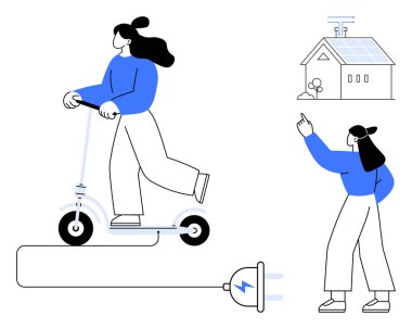 Elektrikli scooter kullanan bir kadın, eve güneş panelleriyle bağlanan büyük bir fiş, hayran olunan başka bir figür. Yenilenebilir enerji, sürdürülebilirlik, eko-yaşam, hareketlilik, yenilik, yeşil