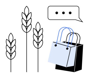 Buğday sapı büyüme, alışveriş torbaları ve sohbet baloncukları, tarım ve e-ticaret arasındaki dijital bağlantıyı sembolize ediyor. Perakende, çevrimiçi alışveriş, tarım teknolojisi, iletişim ve dijital için ideal