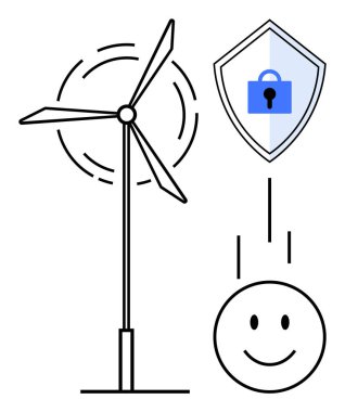 Rüzgar türbininin enerji üretmesi, asma kilidi olan kalkan güvenliği ve pozitifliği temsil eden mutlu bir yüz. Yenilenebilir enerji, siber güvenlik, çevre koruma ve yenilik için ideal