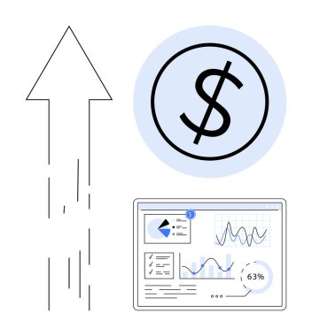 Mavi daire içinde dolar işareti yukarı doğru ok ve analitik torpido gözünde. Finans, yatırım, başarı, iş büyümesi, analitik, strateji ve ekonomik eğilimler için ideal. Düz basit metafor