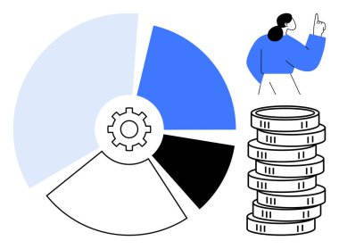Vitesli pasta grafiği, madeni paraları ve analiz için işaret eden bir kişi. İş, finans, strateji, takım çalışması, yatırım, veri analizi için ideal basit bir metafor