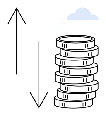 Yukarı ve aşağı doğru okların yanında bozuk para yığını, arka planda asgari bulut. Finans, yatırım, ekonomi, tasarruf, borsa, kar-zarar karar verme için idealdir. Düz basit metafor