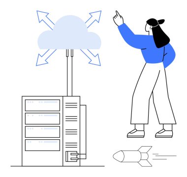 Bulut hesaplama simgesi ve veri depolama birimi bulut ve yön oklarına bağlı. Hareket eden bir roketin yanında yaratıcı bir şekilde el kol hareketi yapan kadın, yeniliği simgeliyor. Teknoloji, veri ve bulut için ideal