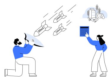 Kadın hesap makinesindeki verileri analiz ederken erkek kalkanları füze olarak sunulan DDoS saldırılarına karşı. Siber güvenlik, veri koruması, risk yönetimi, takım çalışması, dijital araçlar, kriz için ideal