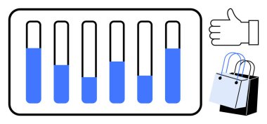 Verileri yükselen sırayla gösteren bar tablosu, onay için onay simgesi, perakende için alışveriş torbaları. İş analizleri, satış büyümesi, pazar eğilimleri, başarılar, müşteri memnuniyeti için ideal