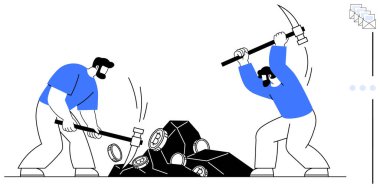 İki işçi büyük kayaları parçalamak için çekiç ve kazma kullanıyor, takım çalışması, çaba ve işçiliği vurguluyor. Takım çalışması, inşaat, madencilik, sıkı çalışma ve ağır işçilik için ideal. Düz