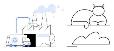 Fabrikada atık boşaltan geri dönüşüm kamyonu bacalardan çıkan bulutlar, pervazda uyuyan kedi. Sürdürülebilirlik, geri dönüşüm, atık yönetimi, eko-farkındalık, çevre ve minimalizm için ideal