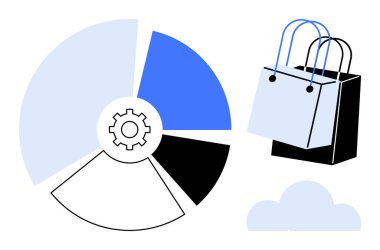Ortasında vites simgesi olan turta tablosu, çeşitli gölgeli bölümler, iki alışveriş torbası ve bulut şekli. E-ticaret, piyasa analizi, çevrimiçi alışveriş, tüketici davranışı, veri görselleştirme için ideal