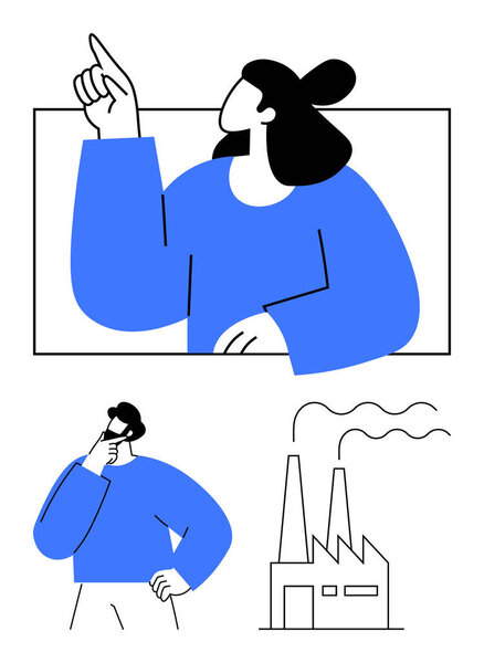 Женщина указывает и мужчина наблюдает с рукой на подбородке, фабрика излучает дым. Идеально подходит для инноваций, неспособности, решения проблем, принятия решений, мозгового штурма, промышленного роста, планирования будущего