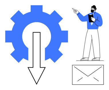 Vites simgesi aşağı doğru ok, zarf sembolü ve otomasyon iş akışını gösteren bir profesyonelle eşleştirildi. Teknoloji, iletişim, takım çalışması, kılavuz, yenilik, e-posta verimliliği için ideal