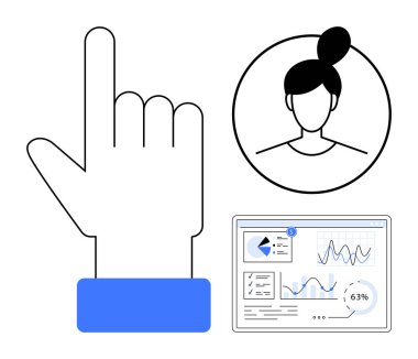 El hareketi sinyalleri seçimi, daire içinde kullanıcı avatarı, ve grafikleri ve grafikleri olan veri paneli. Kullanıcı arayüzü, veri analizi, dijital iletişim, çevrimiçi kimlik, karar verme süreci için ideal