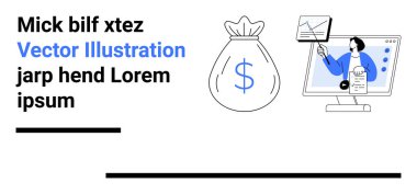 Serveti temsil eden çanta, masaüstünü kullanarak çizelgeleri analiz eden kadın. Finans, ekonomi, iş büyümesi, veri analizi, yatırım planlaması, e-ticaret, basit iniş sayfası için ideal