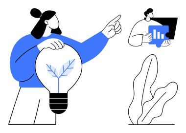 Kadın ampulü tutuyor, ekolojik yeniliği simgeliyor, erkek ekranda verileri analiz ediyor, ön planda saksı bitkisi var. Sürdürülebilirlik, yenilik, teknoloji, takım çalışması, eğitim, büyüme için ideal