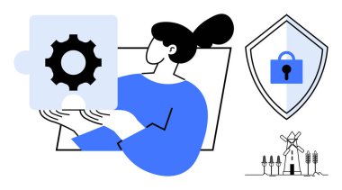 Yapboz parçalarının bağlı olduğu bir kadın figürü, asma kilitli bir kalkan ve yenilenebilir enerji sembolleri yel değirmenleri ve bitkileri işaret ediyor. Teknoloji, güvenlik, takım çalışması ve enerji için ideal