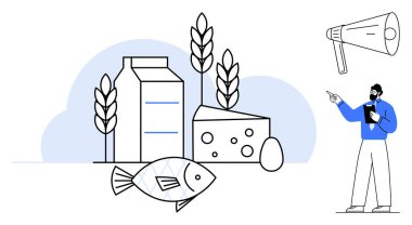 Süt kutusu, peynir, yumurta, balık, buğday sapı ve megafonlu bir sunucu gıda üretiminin farkındalığını artırıyor. Sürdürülebilirlik, tarım, beslenme çevre dostu alışkanlıklar için ideal eğitim