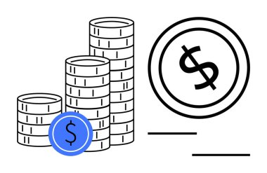 Büyük bir dolar işaretinin yanındaki madeni para yığınları finansal büyüme ve planlamayı resmediyor. Yatırım, tasarruf, servet yönetimi, bütçe, bankacılık, ekonomik başarı için ideal, düz basit metafor