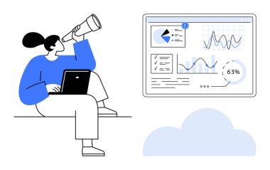 Diz üstü bilgisayarlı teleskop kullanan bir kadın ekranda grafik, grafik ve bulut elementleriyle veri analizi izliyor. Analiz, büyüme, strateji, gelecekteki vizyon, teknoloji yenilik sektörü için ideal
