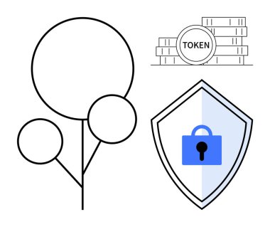 Geometrik ağaç mavi kilidi olan bir güvenlik kalkanının yanında ve TOKEN etiketli jetonlar istiflenmiş. Konseptler için ideal güvenlik, teknoloji, finans, koruma, engelleme zinciri, kripto para birimi