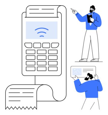Ödeme terminali makbuzu, tabletle işaret eden adam, veri penceresini inceleyen kadın. Finans, teknoloji, perakende, analitik, iş dijital çözümleri e-ticaret için idealdir. Düz basit