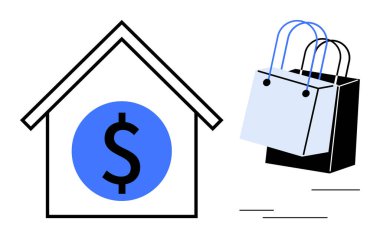 İçinde dolar işareti olan ve yanında alışveriş torbaları olan bir ev. Finans, bütçe, ev yatırımı, alışveriş, tüketim, tasarruf ve çevrimiçi pazarlar için ideal. Soyut çizgi düz metafor