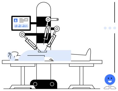 Robotik kollar hassas bir ameliyat yaparken hasta ameliyat masasında yatıyor. Dijital monitörde sağlık istatistikleri görülüyor. Sağlık, yenilik, teknoloji, ameliyat, yapay zeka ve robot geleceği için idealdir. Düz