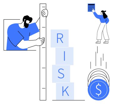 Yığılmış blokları ölçen adam RISK diye yazılıyor kadın hesap makinesi kullanıyor, bozuk paralar düşüyor. Ticari risk, finansal analiz, strateji planlaması, karar verme, sorun çözme, yönetim dairesi için ideal