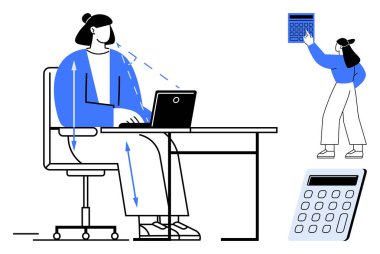 Dizüstü bilgisayarda çalışan bir kadın, hesap makinesinde veri analiz eden başka bir kadın. Takım çalışması, iş, finans, verimlilik, ofis yönetimi, veri analizi iş akışı için ideal. Düz basit metafor