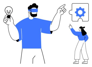 Beyin fırtınası yapan iki kişi, biri yeniliği temsil eden bir ampul tutuyor, diğeri de çözümleri sembolize eden bir donanıma sahip bir yapboz parçasını işaret ediyor. Takım çalışması, yaratıcılık ve beyin fırtınası için ideal.