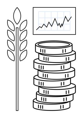 Buğday sapı ve yükselen grafiğin yanında para yığını, tarımı, ekonomiyi, karı, mali büyümeyi, yatırımları, pazar eğilimlerini sembolize ediyor. Ekonomi ve finansman için ideal tarım analizi