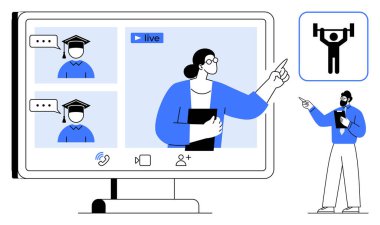 Mezuniyet şapkalı öğrencilerle çevrimiçi video konferansı yoluyla canlı dersi yöneten eğitmen. Çevrimiçi eğitim, e-öğrenme, takım çalışması, bilgi paylaşımı, iletişim, yenilik, modern