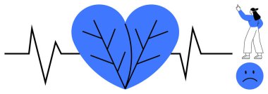 Siyah EKG çizgisi, üzgün bir yüz ve yukarı doğru hareket eden bir kişinin eşlik ettiği damarlı mavi bir kalple kesişir. Sağlık, duygular, sağlık, tıp, stres ve ilişkiler için ideal. Düz