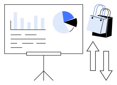 Bar grafikli iş sunumu, pasta grafiği, ekrandaki metinler, alışveriş torbaları ve yön okları. Analiz, perakende, satış, e-ticaret, istatistik veri görselleştirme için ideal soyut