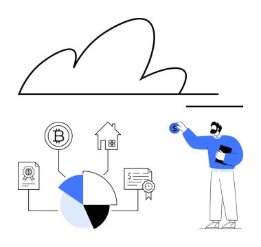 Turta şeması, yatırımları ve veri depolamayı sembolize ederek kripto para birimini, evi ve finansal belgeleri birbirine bağlıyor. Bir dolar tutan adam. Finans, ekonomi, kripto para birimi ve veri yönetimi için ideal