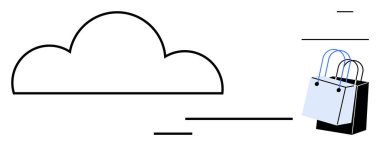 Kabzalı alışveriş torbalarının yanında bulut çizgisi. E-ticaret, bulut teknolojisi, dijital depolama, çevrimiçi alışveriş, veri yönetimi, hizmet entegrasyonu, internet için ideal. Soyut satır düzlüğü