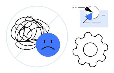 Hüzünlü bir yüzle karışık çizgiler, bir çizelge ve problem çözmeyi, berraklığı ve verimliliği sembolize eden bir dişli. Zihinsel berraklık, iş akışı stratejileri, proje yönetimi ve kişisel yönetim için ideal