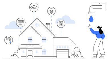 Aydınlatma, güvenlik, aletler ve su yönetimi ikonları olan akıllı bir ev. Kadın su kullanımını cep telefonuyla kontrol ediyor. Sürdürülebilirlik, IOT, enerji yönetimi, yenilikçi ev teknolojisi için ideal